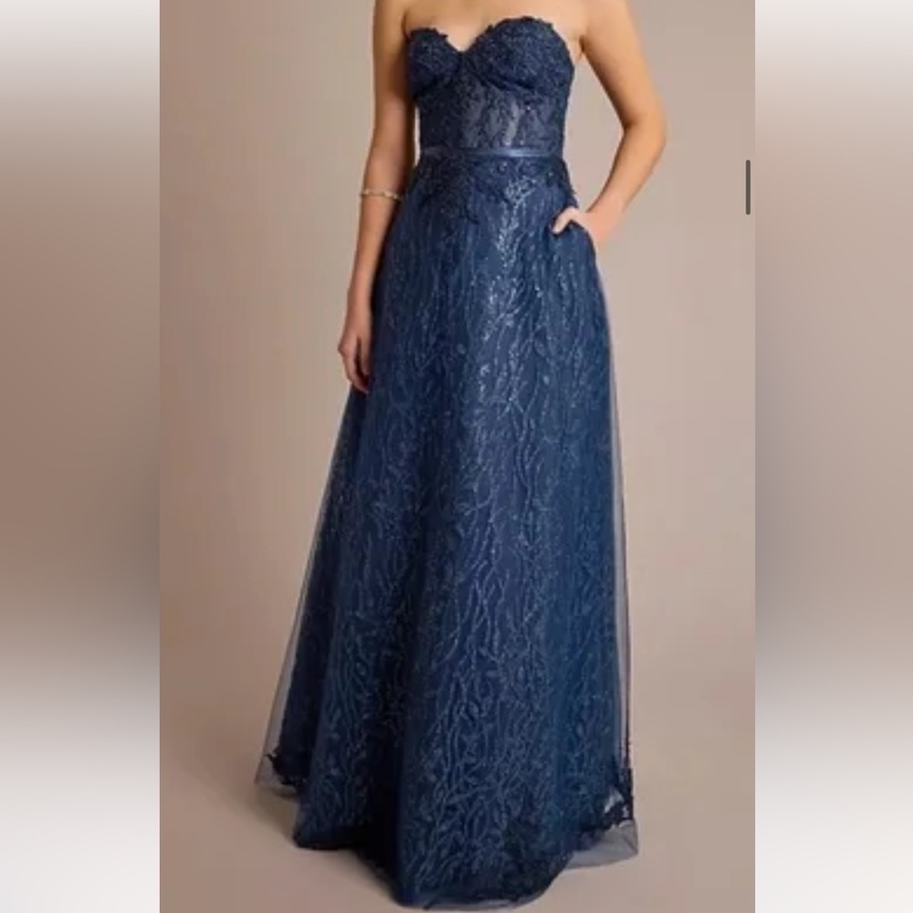 Strapless Navy Lace Evening Gown